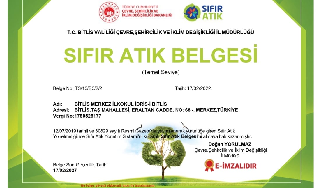 OKULUMUZUN SIFIR ATIK BELGESİ